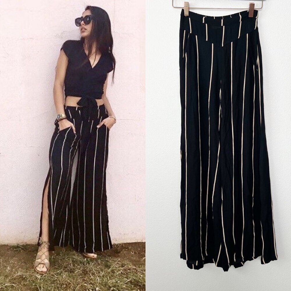 Ava Sky Womens XS Black Tan Striped Wide Leg Split High Rise Palazzo Pant
